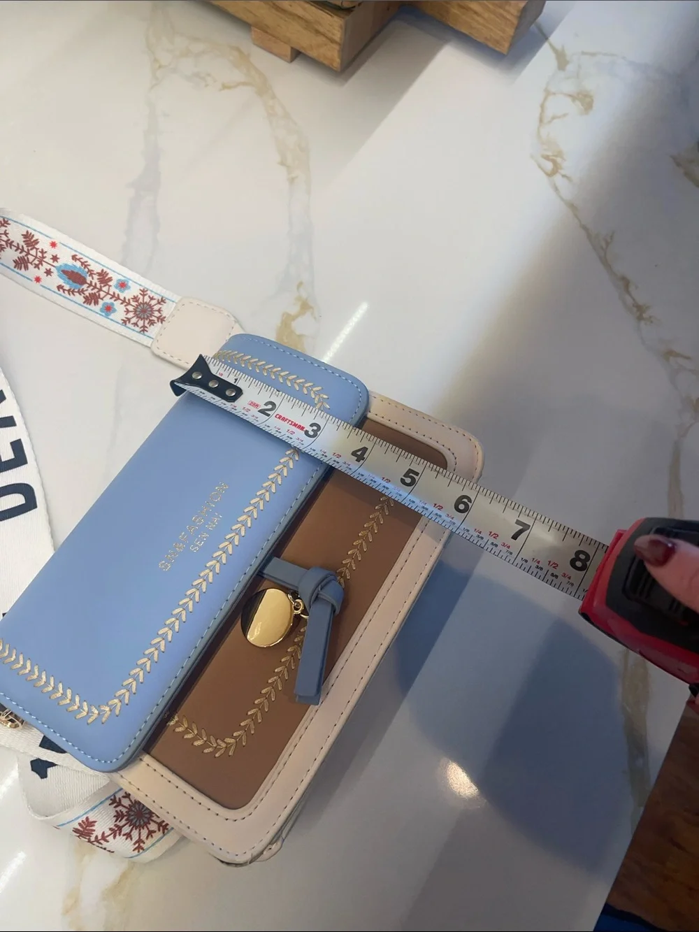 SHEIN Blue and Cream Crossbody Bag with Patterned Strap